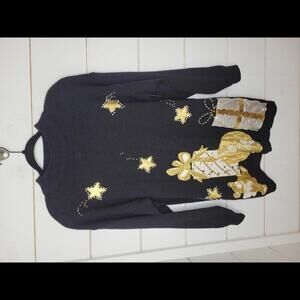 Vintage Christmas P'Galli designs medium black sweater with gold beaded stars